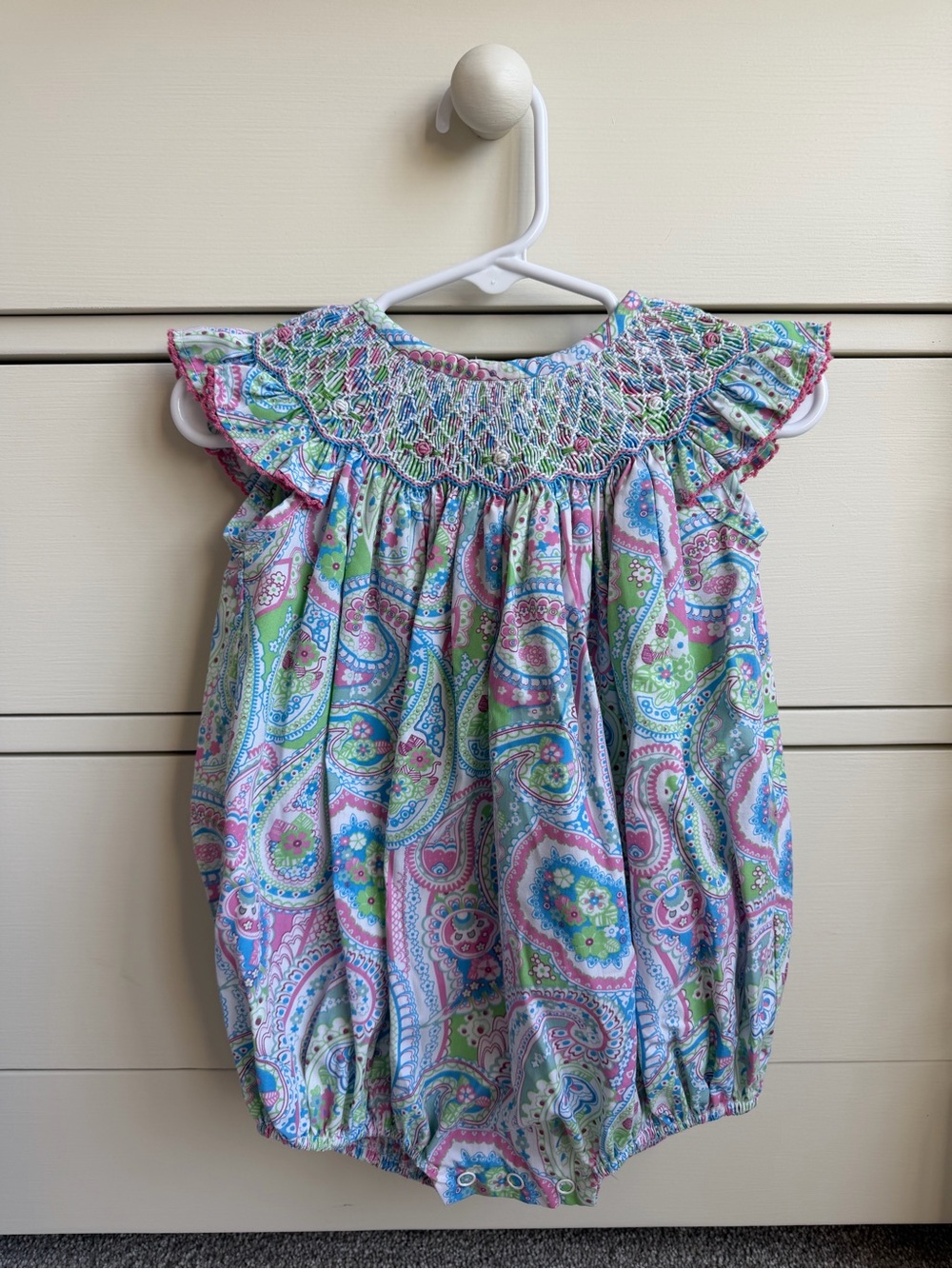 Smocked Paisley Bubble Romper in Pastel Pink, Blue & Green